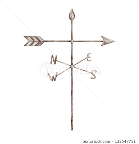 Watercolor Metal weather vane with arrow and compass rose wind indicator. Hand painted Illustration Indicate wind direction North, West, South, East isolated on Background Watercolor Metal weather vane with arrow and compass rose wind indicator. Hand painted Illustration Indicate wind direction North, West, South, East isolated on Background 132547751