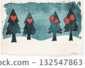 Christmas trees in the snow, red hearts and bows on them. Linocut stamp,vintage postcard 132547863