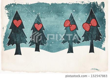 Christmas trees in the snow, red hearts and bows on them. Linocut stamp,vintage postcard 132547863
