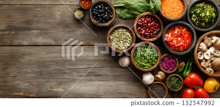 Fresh vegetables and legumes arranged on a wooden surface for cooking 132547992