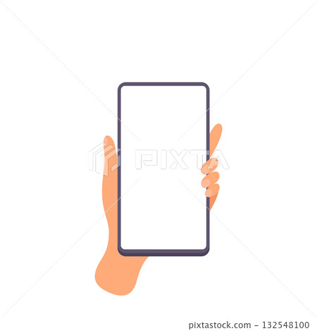 Hand hold vertically mobile phone with blank screen. Women left arm is touching smartphone display. Phone mockup. Flat cartoon vector illustration isolated on white background Hand hold vertically mobile phone with blank screen. Women left arm is touching smartphone display. Phone mockup. Flat cartoon vector illustration isolated on white background 132548100