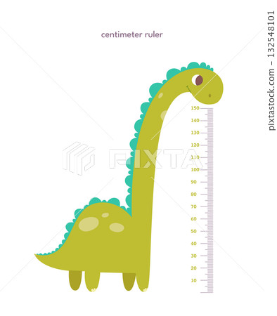 Kids height ruler in centimeters with dinosaur for growth measure. Cute cartoon cheerful tall animal vector illustration isolated on white background. Children wall sticker for kindergarten or home 132548101