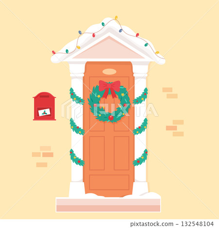 Christmas front house door decorated for holiday. Traditional xmas georgian winter home decoration with wreath and garlands. Flat vector illustration isolated on beige background Christmas front house door decorated for holiday. Traditional xmas georgian winter home decoration with wreath and garlands. Flat vector illustration isolated on beige background 132548104