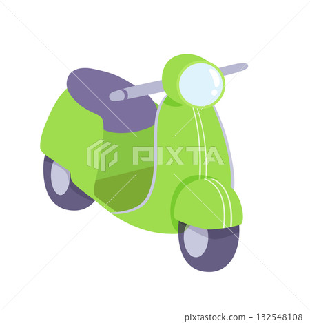Cartoon motorcycle vector illustration. Cute green scooter isolated on white background. Fast delivery service, courier delivery, colorful toy. Funny holidays, vacation, trip Cartoon motorcycle vector illustration. Cute green scooter isolated on white background. Fast delivery service, courier delivery, colorful toy. Funny holidays, vacation, trip 132548108