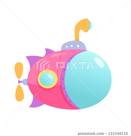 Cartoon pink submarine vector illustration. Sea kids toy. Cute underwater transport. Colorful bathyscaphe with periscope and porthole isolated on white background. Kindergarten. Happy childhood. Play Cartoon pink submarine vector illustration. Sea kids toy. Cute underwater transport. Colorful bathyscaphe with periscope and porthole isolated on white background. Kindergarten. Happy childhood. Play 132548110