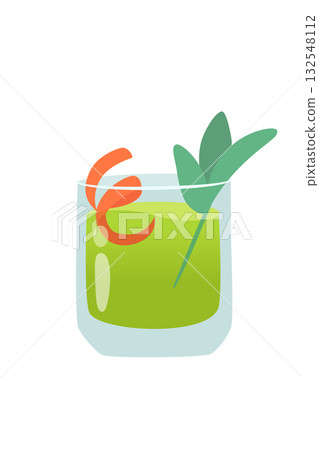 Glass of mojito cocktail cartoon vector illustration. Summer mint alcohol drink isolated on white background. Lemonade, juice. Celebration with toasts and cheering. Party time. Beverage menu concept 132548112