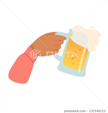 Man hand with mug of beer vector illustration isolated on white background. Male holds glass with lager. People celebrating with toasts and cheering in bar. Party, football time. Friends in pub 132548113