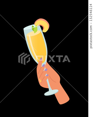 Woman hand with glass of alcohol cocktail or drink vector illustration isolated on black background. Female holds goblet with champagne. People celebrating with toasts and cheering. Party time Woman hand with glass of alcohol cocktail or drink vector illustration isolated on black background. Female holds goblet with champagne. People celebrating with toasts and cheering. Party time 132548114