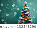 An illustration of a christmas tree decorated with purple, white,orange ribbons. 132548290