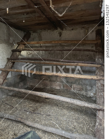 A wooden perch in a rural chicken coop. A wooden perch in a rural chicken coop. 132548297