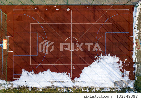 Top graphic view of basketball, volleyball or football court field red background, drone photography. 132548388