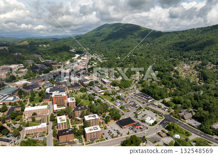 Small town America in Blue Ridge Mountains. Boone, North Carolina. Red brick architecture with narrow streets and historical buildings Appalachian Mountains. Popular tourist destination Small town America in Blue Ridge Mountains. Boone, North Carolina. Red brick architecture with narrow streets and historical buildings Appalachian Mountains. Popular tourist destination 132548569