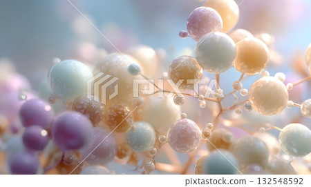 Abstract microscopic structure, 3D rendering of shiny, pastel-colored spheres connected by thin branches. Science or cosmetic concept illustrating molecular bonding or cell growth. 132548592