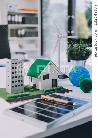 Group of businesspeople in team brainstorm meeting discussion on ESG (Environmental, social, corporate governance) organization planning. Sustainable business, coworker people teamwork. Close up 132548675