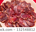 Sliced Iberian cured loin meat on a plate. 132548812