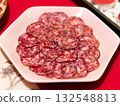 Close up of sliced spanish salchichon sausage. 132548813
