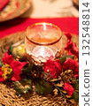 Christmas candlelight centerpiece on a red table. 132548814