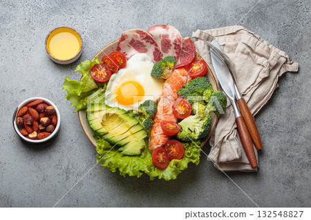 Balanced ketogenic diet meal with salmon, avocado, egg, bacon and vegetables on plate with cutlery top view on grey background 132548827