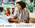A Young Woman Engaged in Work on Her Laptop While Seated in a Contemporary Cafe Environment 132548837
