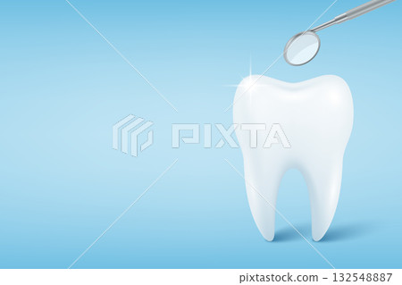 Vector Realistic Tooth with Dental Mirror on Blue Background. Healthy White Tooth. Dentist Clinic Poster, Dental Care Concept, Oral Hygiene, Clean Tooth Design 132548887
