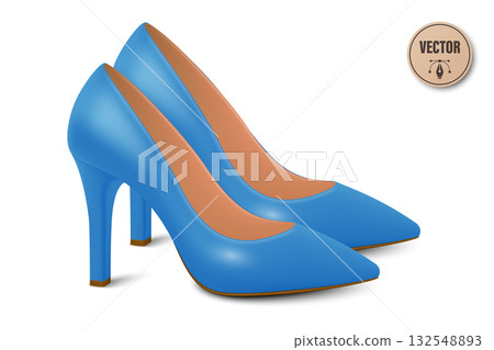 Vector 3d Realistic Blue High Heels Pair. Realistic Women s Shoes with Stiletto Heel for Fashion Poster, Shoe Store Banner, Clothing Catalog, Footwear Branding, Elegant Outfit Design, Online Shop 132548893