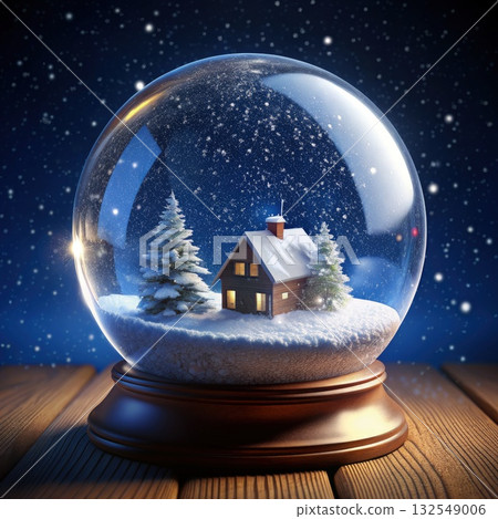 A Snowy Winter Night Scene Inside A Glass Globe. Generative AI A Snowy Winter Night Scene Inside A Glass Globe. Generative AI 132549006