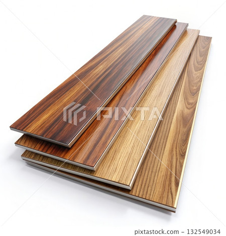Three Laminate Wood Floor Samples On White Background. Generative AI 132549034