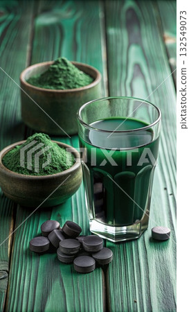 Spirulina Powder, Tablets, and Drink on Green Wooden Surface. Generative AI Spirulina Powder, Tablets, and Drink on Green Wooden Surface. Generative AI 132549073