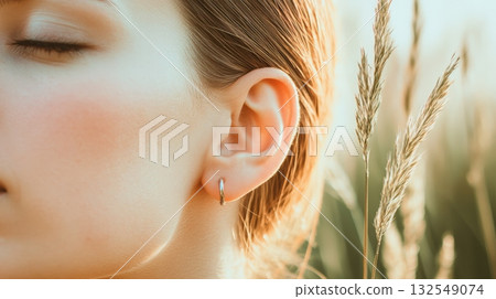 Close up of a woman's ear with a small earring, her eyes closed, enjoying the peaceful sounds of nature, with wild grass in the background illuminated by golden sunlight 132549074
