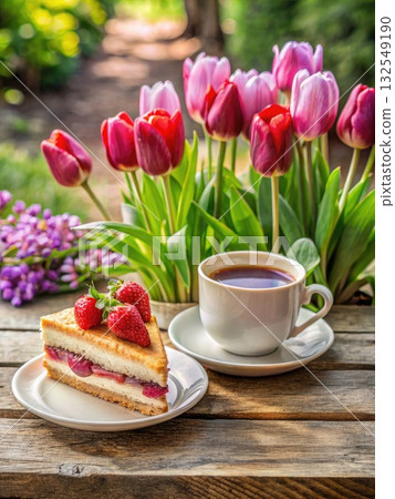 A Slice of Strawberry Cake and Tea in a Garden Setting. Generative AI A Slice of Strawberry Cake and Tea in a Garden Setting. Generative AI 132549190
