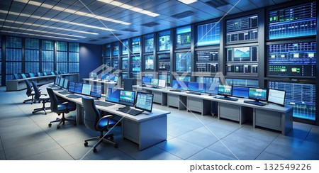 Busy Room Filled With Computers and Monitors. Generative AI 132549226