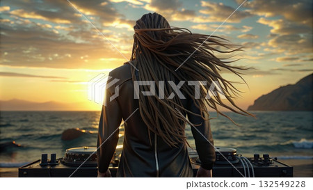 Man With Dreadlocks Standing in Front of the Ocean. Generative AI 132549228