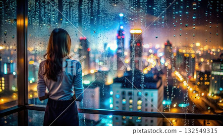 Woman Observing City Nightscape Through Window. Generative AI 132549315