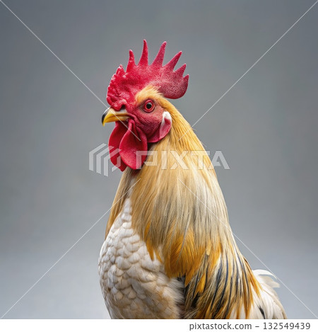 Close Up of a Rooster on Gray Background. Generative AI Close Up of a Rooster on Gray Background. Generative AI 132549439