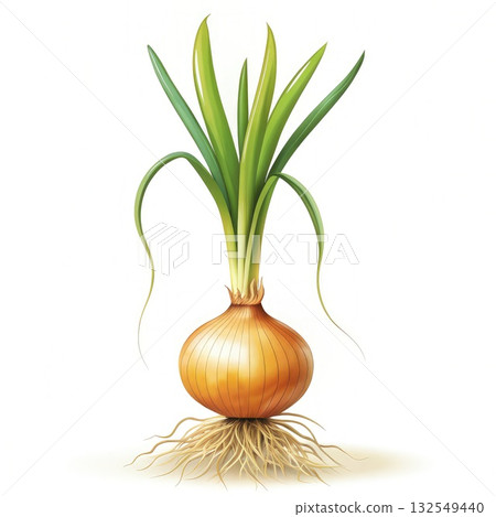 Onion With Green Leaves and Roots on White Background. Generative AI 132549440
