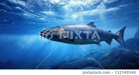 A Single Salmon Swimming in Cold, Clear Water. Generative AI 132549548