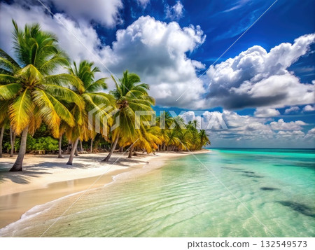 Idyllic Saona Island Beach With Palm Trees and Clear Turquoise Water. Generative AI 132549573