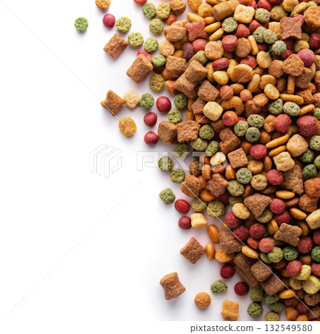 Scattered Dry Pet Food on White Background With Copy Space. Generative AI Scattered Dry Pet Food on White Background With Copy Space. Generative AI 132549580