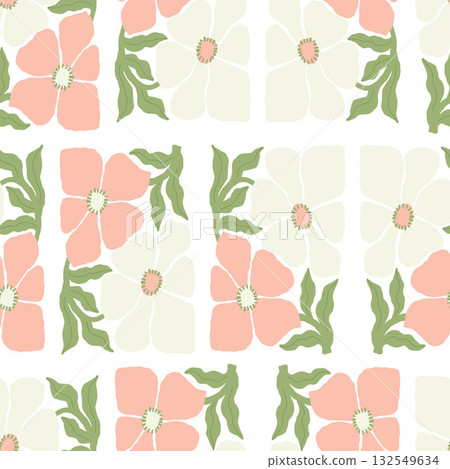 Groovy Floral Seamless Pattern. Abstract Folk Flower on White Background. Organic Ornament in trendy naive retro 60s 70s style. Contemporary Aesthetic hippie. Vector Illustration. Not AI Groovy Floral Seamless Pattern. Abstract Folk Flower on White Background. Organic Ornament in trendy naive retro 60s 70s style. Contemporary Aesthetic hippie. Vector Illustration. Not AI 132549634