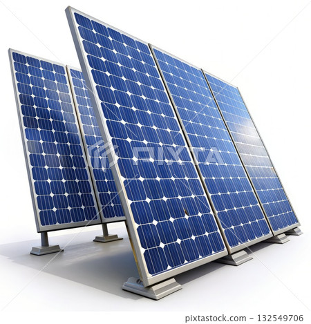 Three Solar Panels Angled Towards the Sun. Generative AI 132549706