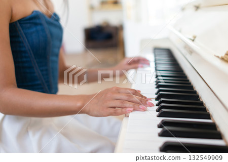 Female hands on the piano keys side view Female hands on the piano keys side view 132549909