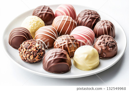 Promoting high-end chocolate products and luxury dessert catering. Deluxe white plate with Premium Gourmet Chocolates on white background. 132549968
