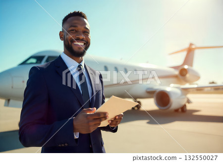 smiling businessman writing on the plane 132550027
