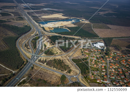 Aerial view of A64 highway near Saint-Geours-de-Marenne in Landes region 132550099