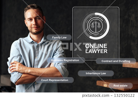Lawyer promoting online legal services in a modern office environment Lawyer promoting online legal services in a modern office environment 132550122