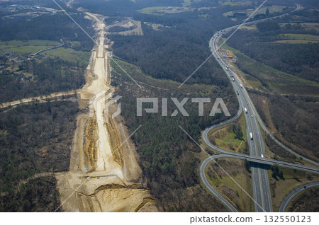 Construction of high-speed train line in France with adjacent highway Construction of high-speed train line in France with adjacent highway 132550123