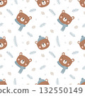 Seamless pattern with brown bear in blue hat and scarf, pine branches and cones, cozy winter background 132550149