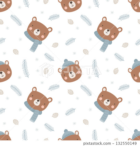Seamless pattern with brown bear in blue hat and scarf, pine branches and cones, cozy winter background Seamless pattern with brown bear in blue hat and scarf, pine branches and cones, cozy winter background 132550149