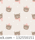Adorable seamless pattern with brown bear in pink hat and scarf, winter animal background 132550151
