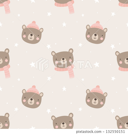 Adorable seamless pattern with brown bear in pink hat and scarf, winter animal background Adorable seamless pattern with brown bear in pink hat and scarf, winter animal background 132550151